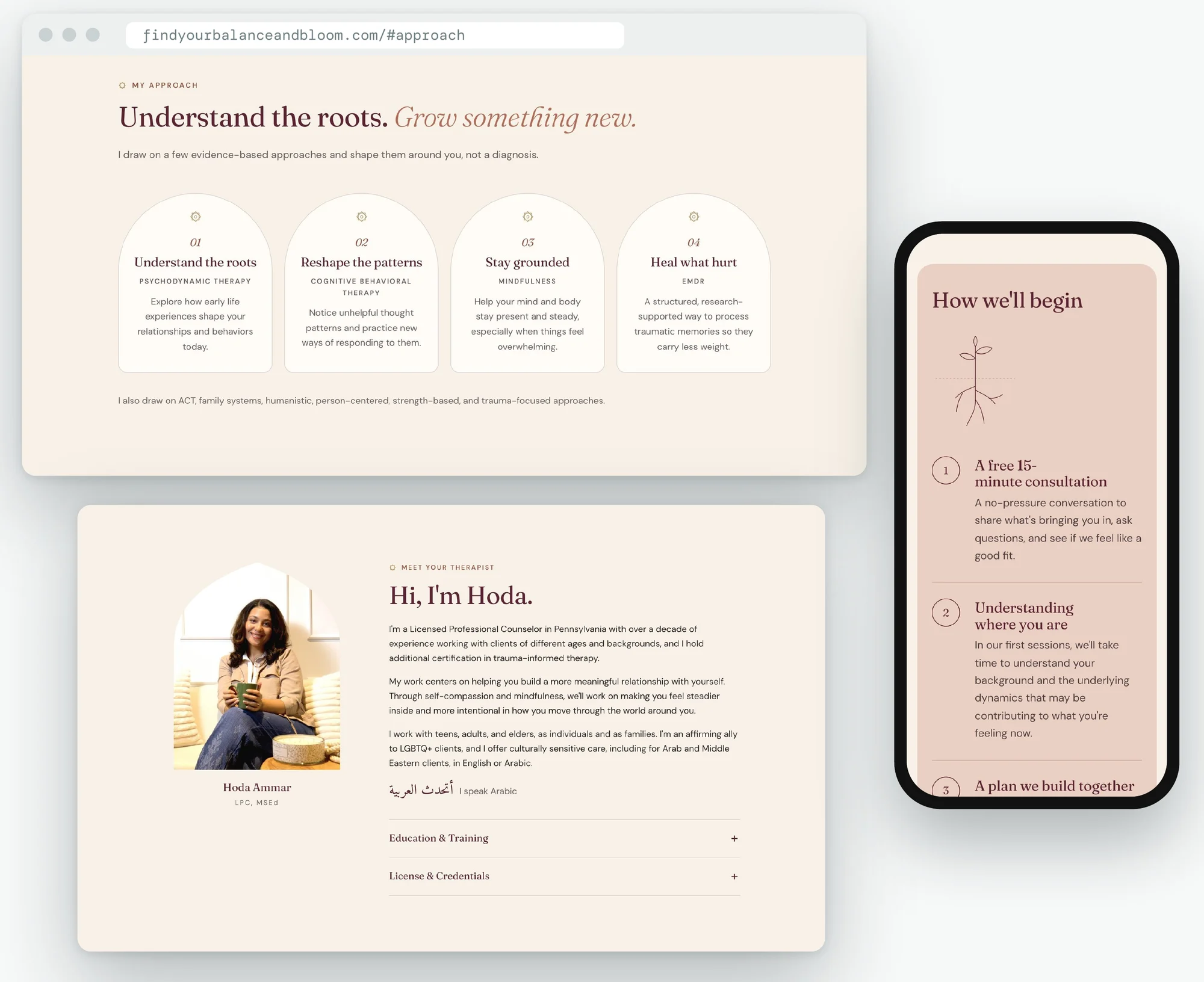 Balance & Bloom website on desktop and phone, showing the approach section, the therapist introduction, and the first-steps timeline