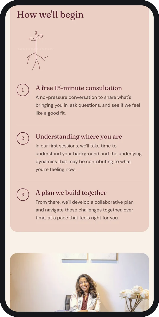 Balance & Bloom's How We'll Begin section on a phone, listing three steps that start with a free 15-minute consultation
