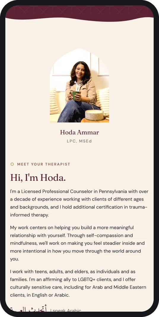 Balance & Bloom's Meet Your Therapist section on a phone, with her photo, her story, and her credentials