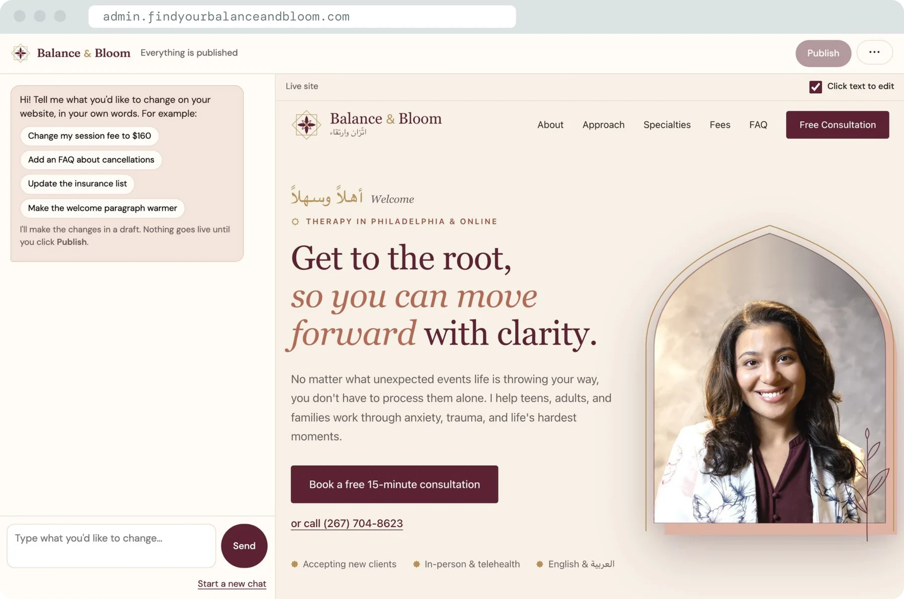 The Balance & Bloom editor, with a chat panel where the therapist types changes beside a live preview of her website