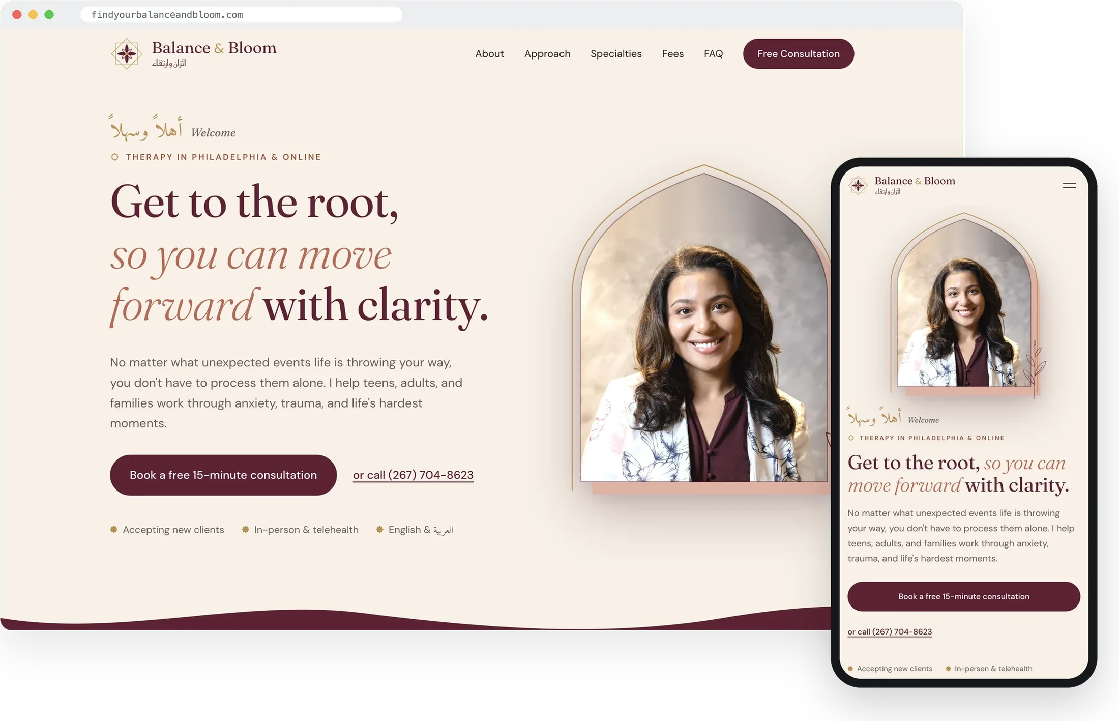 The Balance & Bloom Counseling website on a laptop and a phone, showing the therapist's photo, a welcome in Arabic and English, and a button to book a free consultation